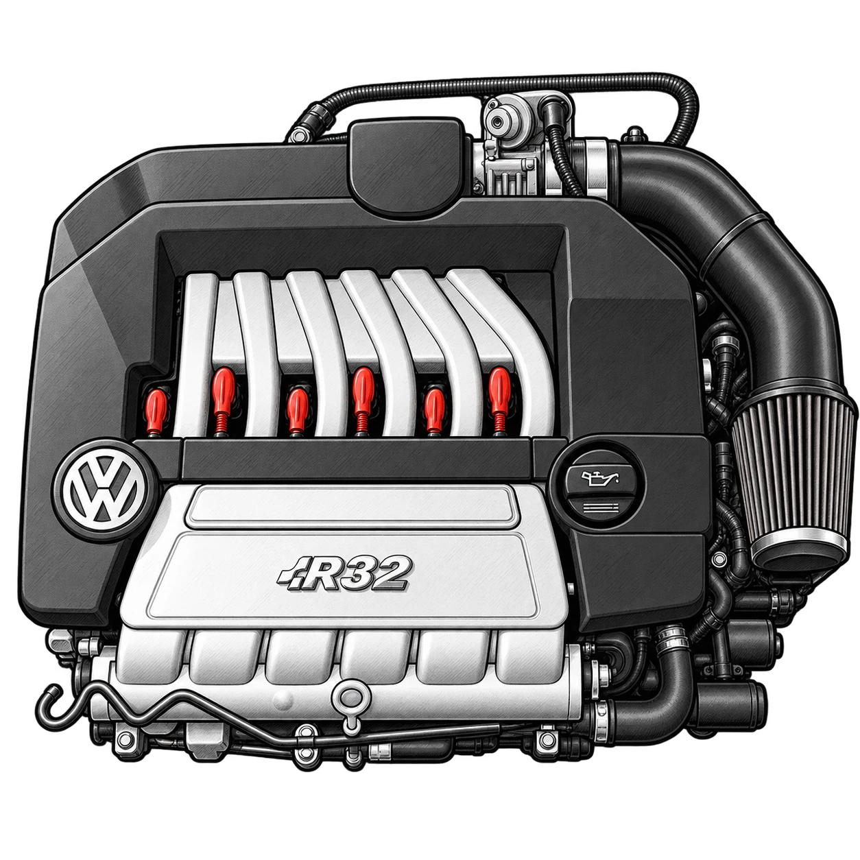 Volkswagen Golf Mk4 R32 — детальна технічна ілюстрація VR6 з червоними акцентами